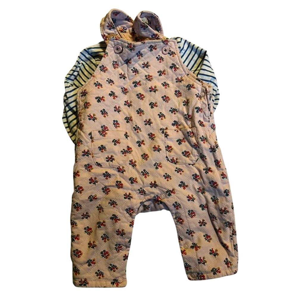 Baby Boden Pink Floral Cottagecore Quilted Overalls & Striped Top Set | 6-9M